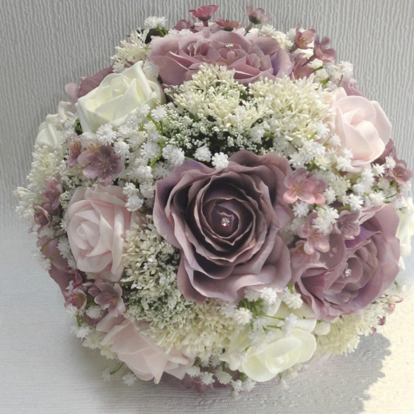 Dusky Mauve, Ivory & Baby Pink Bridal Bouquet with Gypsophila